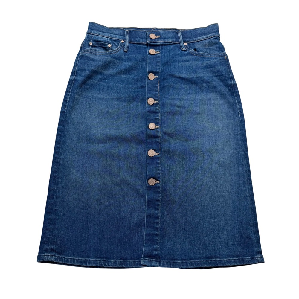 MOTHER High Waisted Button Midi Skirt‎ Blue Moon Denim Women's Size 26 Pockets